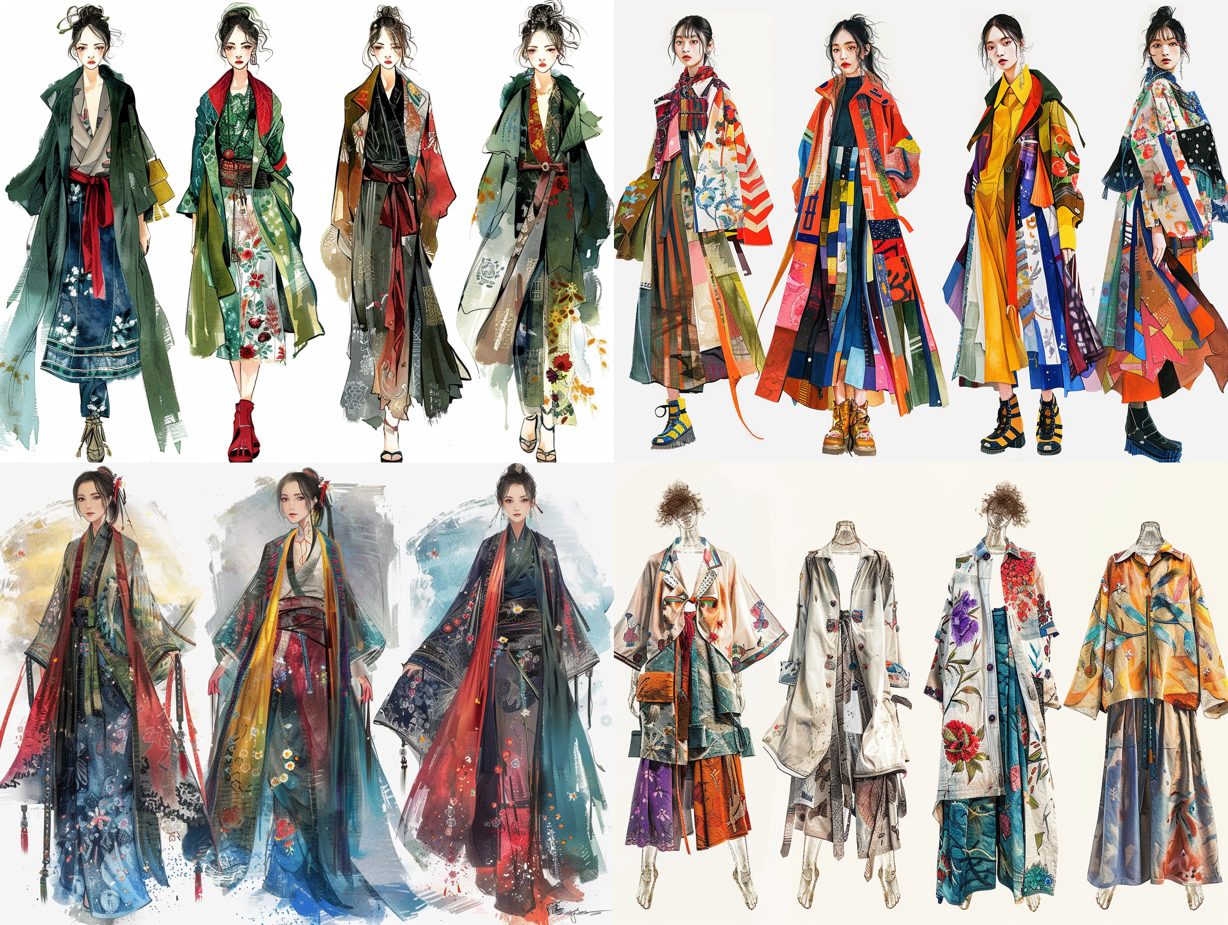 四幅手绘女模特图片,现代风格,解构设计,科技感,暖梯度工艺 四幅手绘女模特图片,现代风格,解构设计,科技感,暖梯度工艺